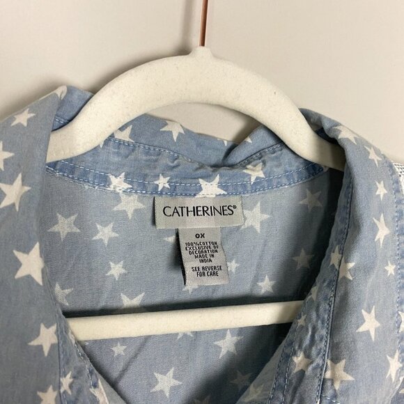 Catherines Star Print Button Up Tank Top Lace Back Womens 0X or 16W Blue - Picture 2 of 6